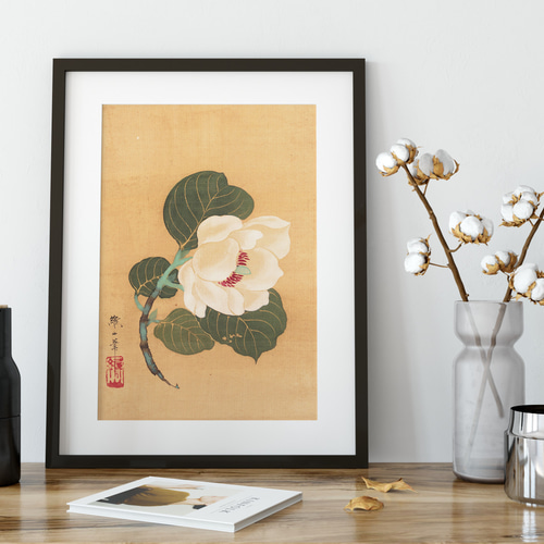 NO.586】白い花の日本画アートポスター☆和柄植物浮世絵お正月和モダン
