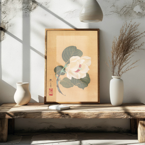 NO.586】白い花の日本画アートポスター☆和柄植物浮世絵お正月和モダン