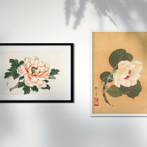 NO.586】白い花の日本画アートポスター☆和柄植物浮世絵お正月和モダン