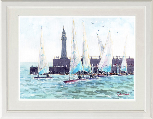 【メール便送料無料対応可】 水彩画原画 帆走・江の島ヨットハーバー ＃643 絵画 syoumei 絵画