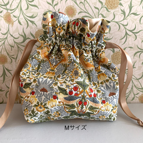 一点限定【ウィリアムモリス いちご泥棒】ポケット沢山 巾着バッグ サイズが選べる☺︎巾着ポーチ ウィリアムモリスV&A生地使用