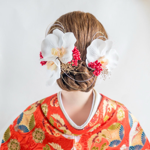 胡蝶蘭と赤い実の髪飾り 結婚式 成人式 卒業式に 髪かざり 造花 和装