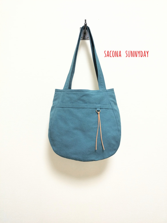 Sサイズトート（ターコイズブルー） まんまるトートキャンバス生地 ラインがキレイシリーズ　 1枚目の画像