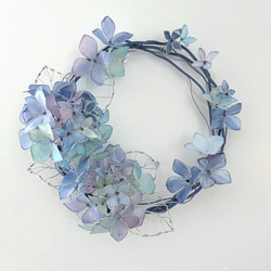 特大サイズ　ブルーグリーン紫陽花リース　ワイヤークラフト　ディップアート　アート 一点物】紫陽花のミニリース ブルー系 ワイヤーアート ディップ