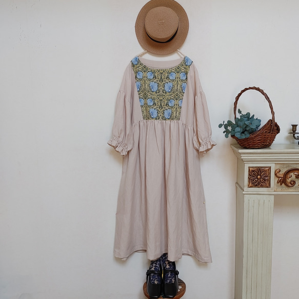 ウィリアムモリス/リネンレーヨンギャザーワンピース(着丈117)free  