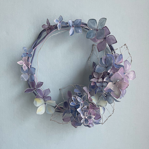 ネモフィラリース　紫陽花リース　ワイヤークラフト　ディップアート　壁飾り 紫陽花リースワイヤークラフトディップフラワー壁飾りインテリア