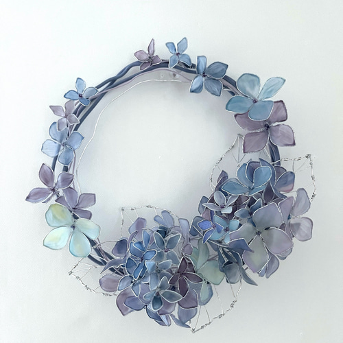 一点物】紫陽花のミニリース 青紫系 ワイヤーアート ディップ
