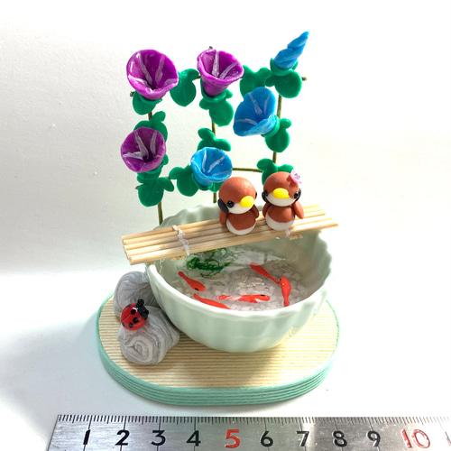 【873】金魚鉢／樹脂粘土／ミニチュア ☆朝顔と雀と金魚とメダカ(受注生産) 樹脂粘土 その他置物 おり姫 通販