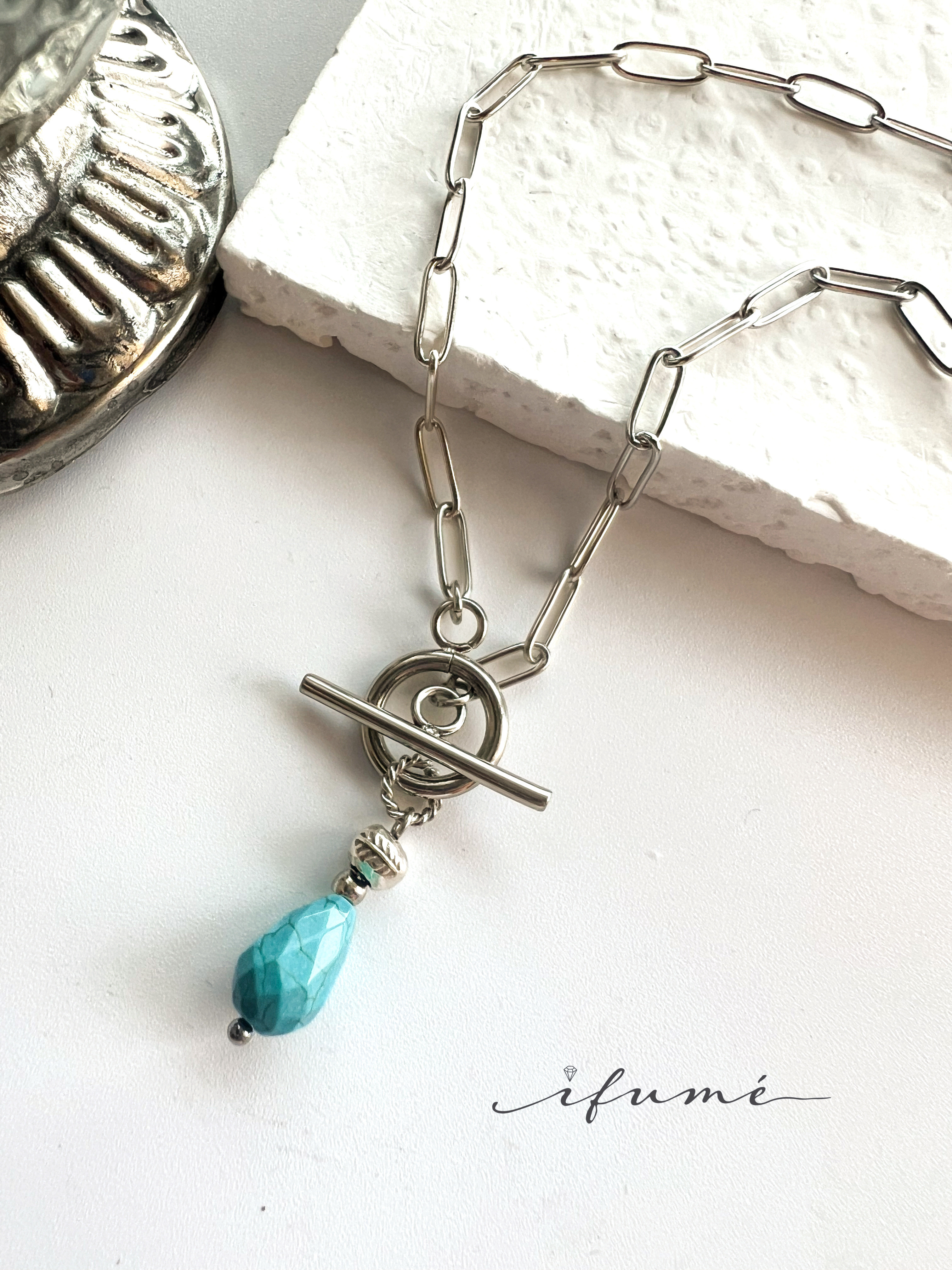 【ifumé】男女兼用 エスニックなターコイズのマンテルネックレス サージカルステンレス 金属アレルギー対応