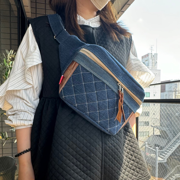 ハンドメイド　デニムリメイク　ウエストポーチ　ボディバック　キルティング DIY 】ボディバック ウエストポーチ 作りに挑戦してみました