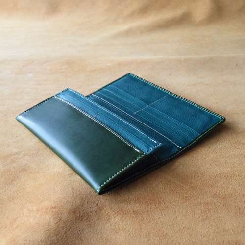 本革長財布 グリーン×オルテンシア 高級イタリアンレザー使用 長財布