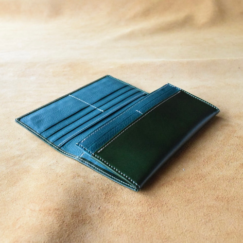 本革長財布 グリーン×オルテンシア 高級イタリアンレザー使用 長財布