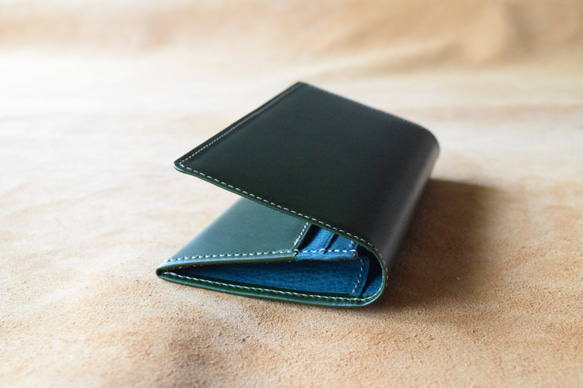 本革長財布 グリーン×オルテンシア 高級イタリアンレザー使用 長財布