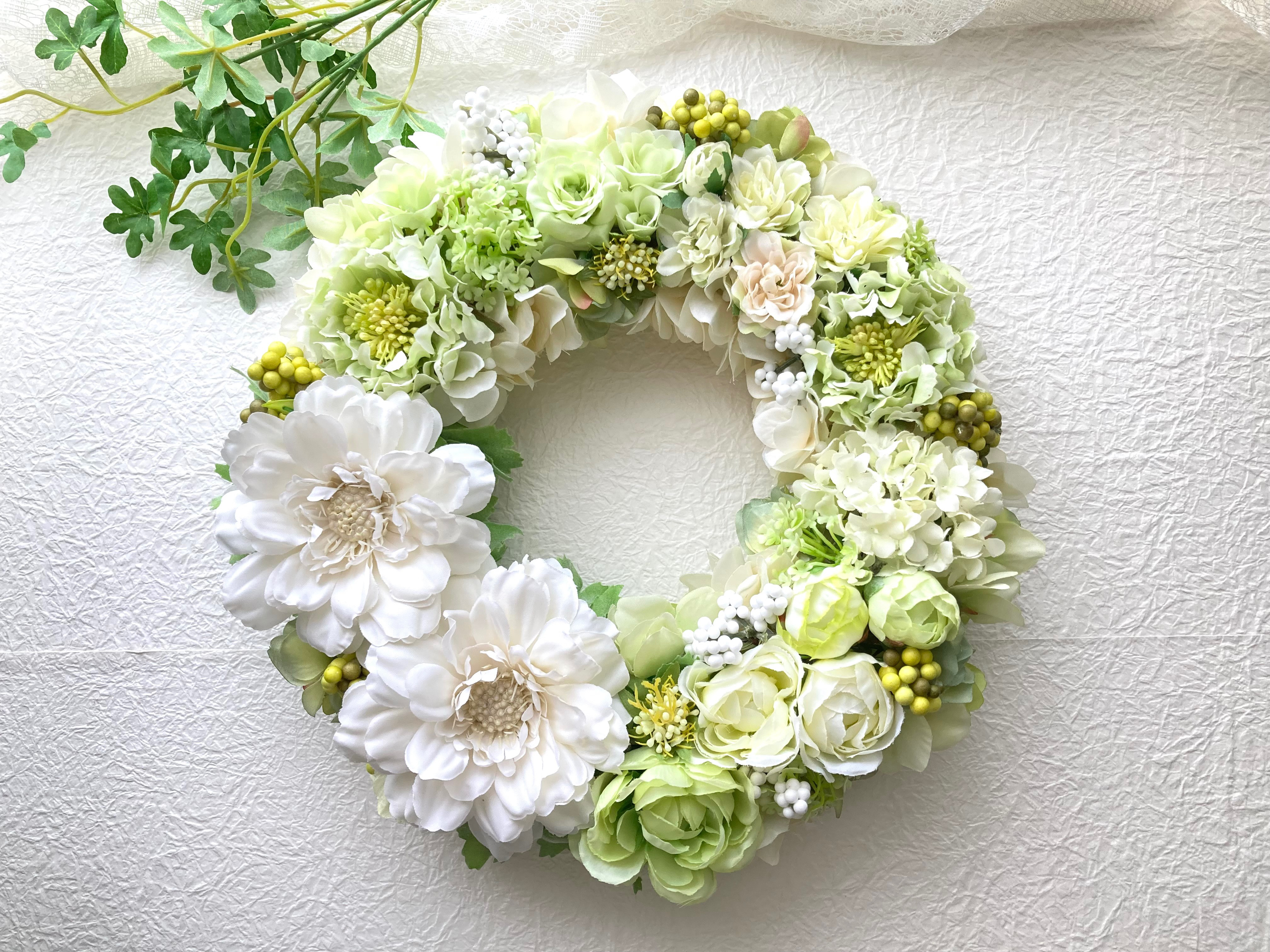 ホワイトグリーンの爽やかアジサイリース アーティフィシャルフラワー 玄関ドアリース 紫陽花 結婚新築開店祝 母の日ギフト