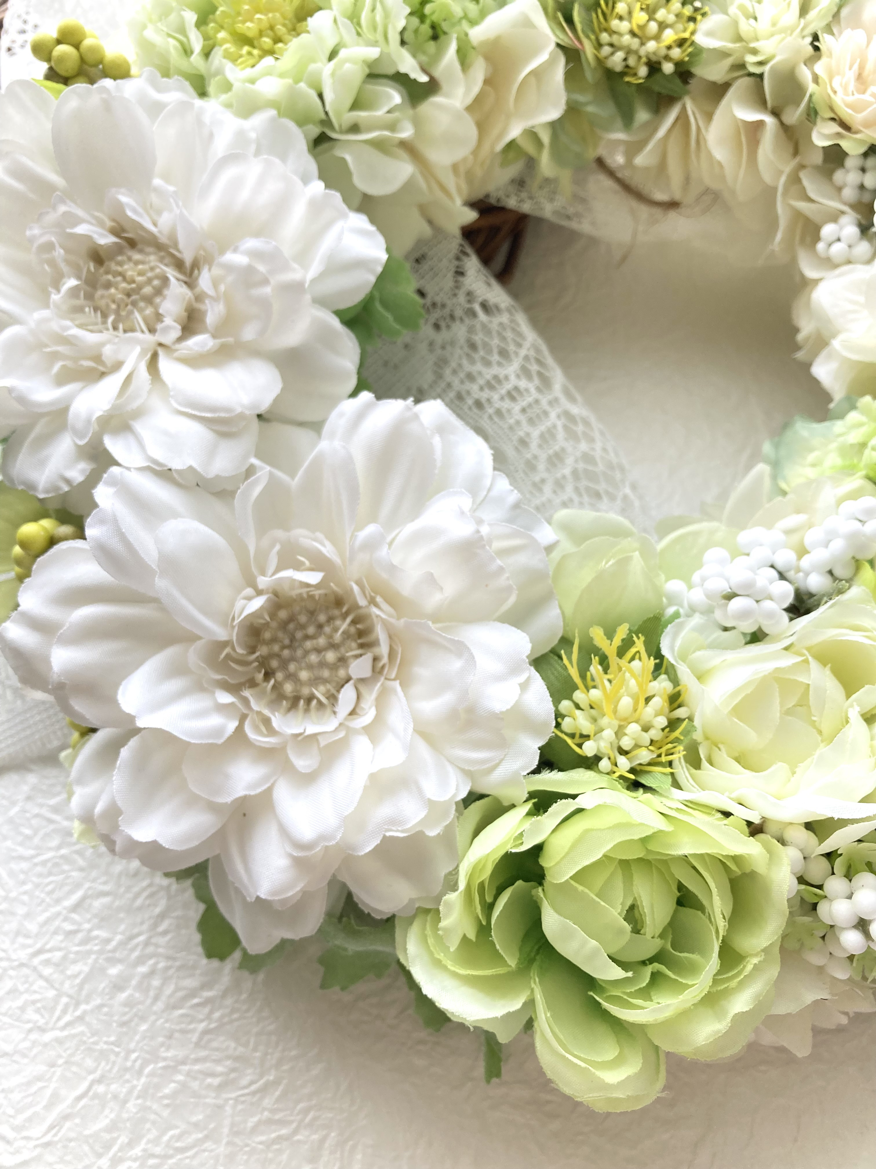 ホワイトグリーンの爽やかアジサイリース アーティフィシャルフラワー 玄関ドアリース 紫陽花 結婚新築開店祝 母の日ギフト