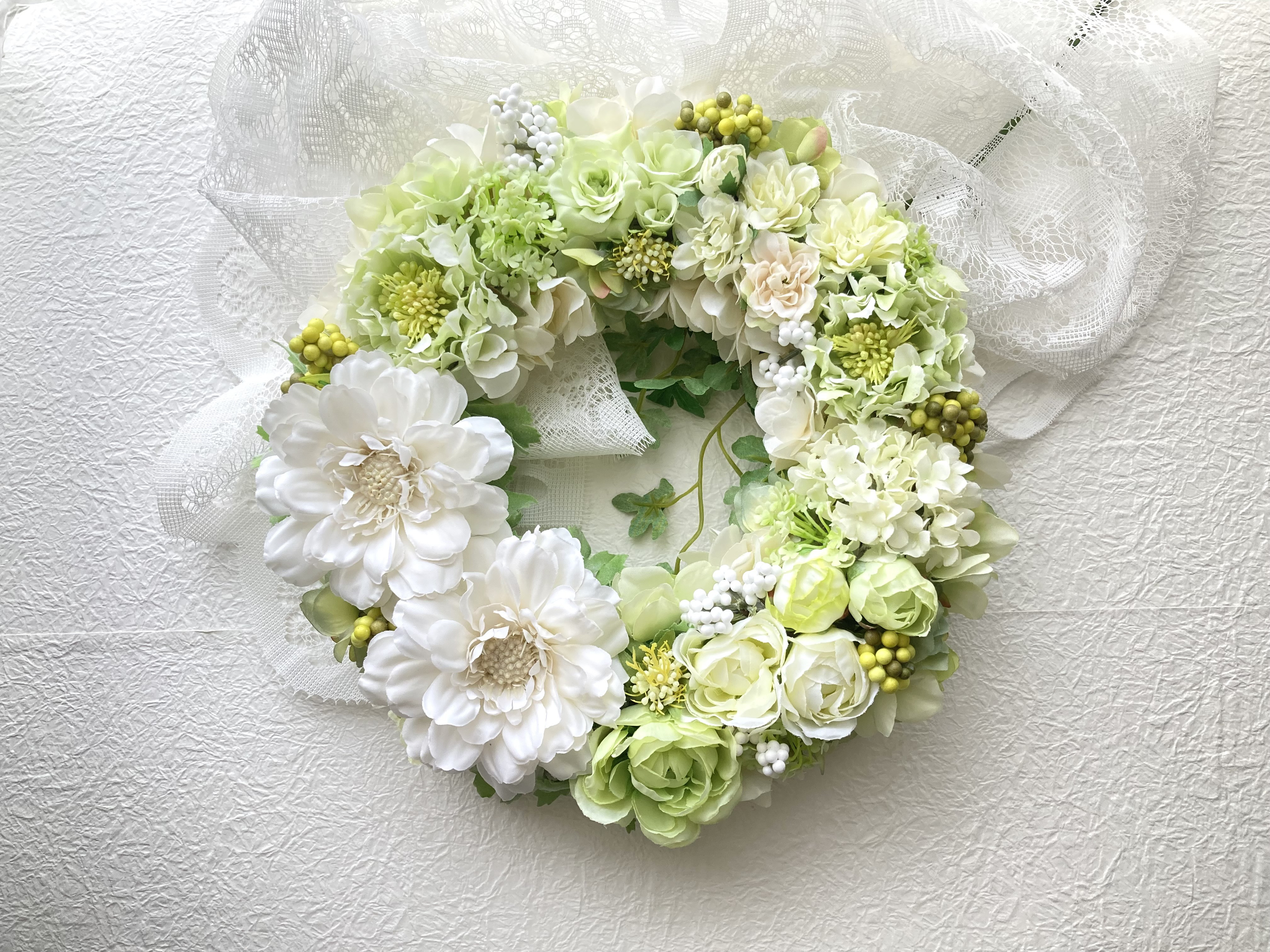 ホワイトグリーンの爽やかアジサイリース アーティフィシャルフラワー 玄関ドアリース 紫陽花 結婚新築開店祝 母の日ギフト