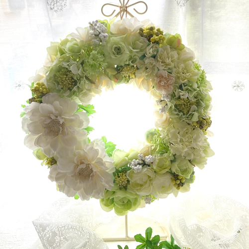 紫陽花リース／ホワイトツリー ホワイトグリーンの爽やかアジサイリース アーティフィシャル