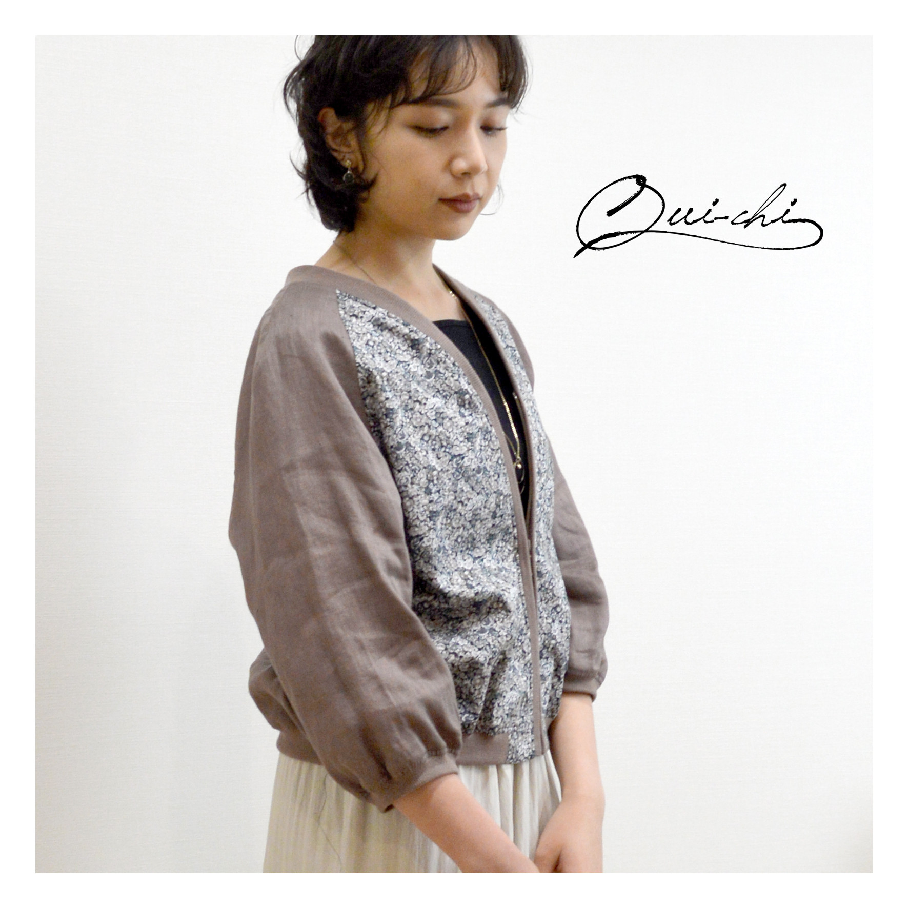 リバティ・ファブリックス使用《Chive》＊リネン７分袖ジップアップ