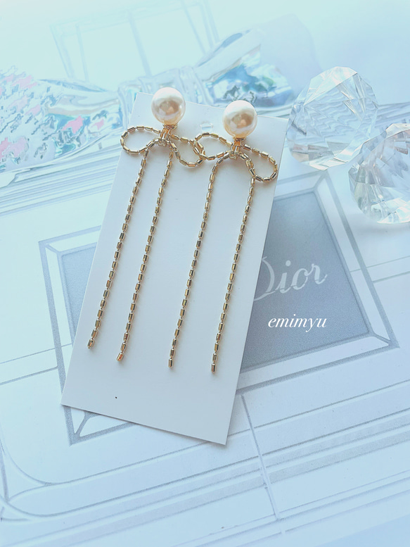 Gold Ribbon Chain&Pearl Pierce 1枚目の画像
