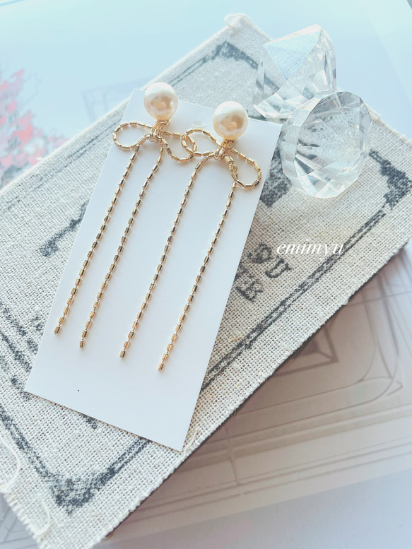 Gold Ribbon Chain&Pearl Pierce 2枚目の画像