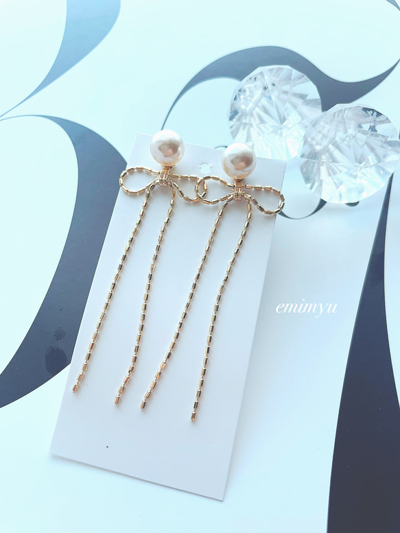 Gold Ribbon Chain&Pearl Pierce 4枚目の画像