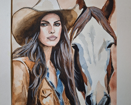 水彩画 カウガールと白馬 絵画 makochin 通販 17831422｜Creema
