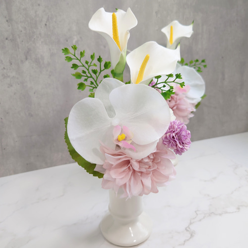 胡蝶蘭とカラーの仏花1対 レトロピンク【アーティシャルフラワー】陶器