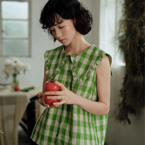 ビッグカラー グリーン チェック 】 麻100% 緑 襟 フリル ノースリーブ