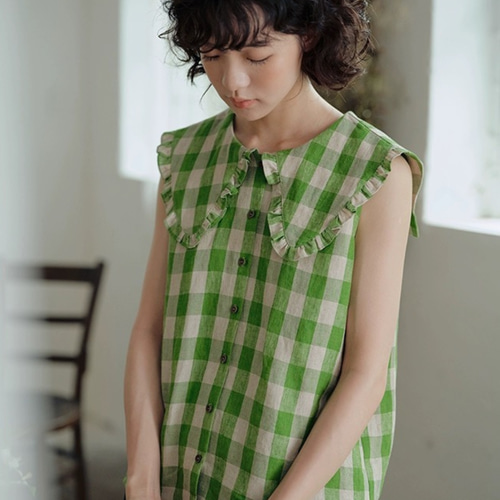 ビッグカラー グリーン チェック 】 麻100% 緑 襟 フリル ノースリーブ