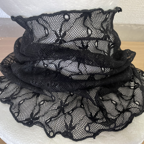 さらさらブラック麻の葉柄レースシングル手作りネックウォーマー日焼け  