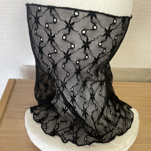 さらさらブラック麻の葉柄レースシングル手作りネックウォーマー日焼け  