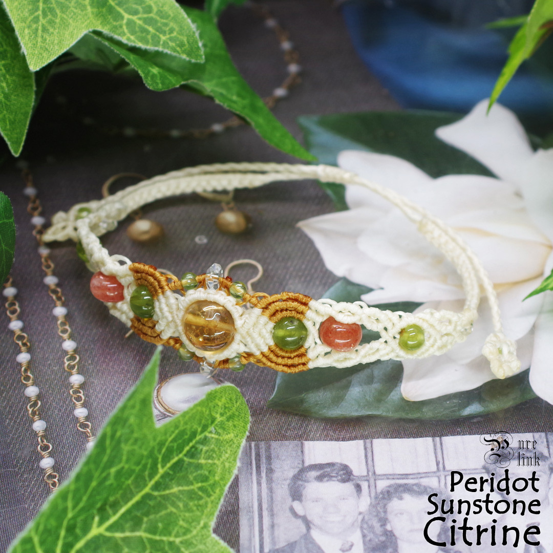 ３カラー『シトリン』『サンストーン』『ペリドット』マクラメ編ブレスレット