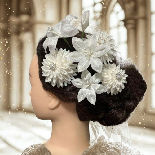 結華（S056）｜白百合と白ダリアの髪飾り成人式・卒業式・結婚式