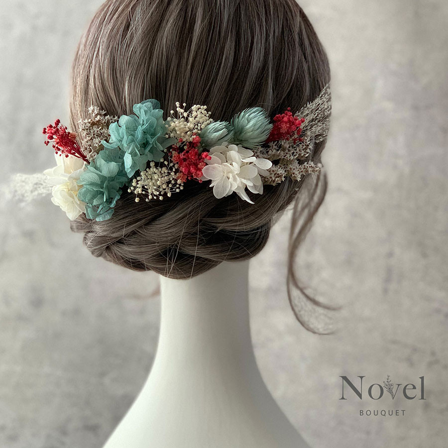 【 くすみブルー × レッド 】成人式 卒業式 結婚式 お花の髪飾り