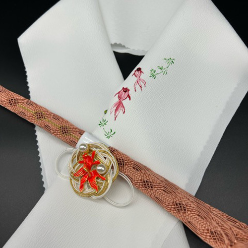0857半襟 手書き金魚&金魚帯留め・根付・帯締め　化繊半衿　夏祭り　イベント 0857半襟 手書き金魚&金魚帯留め・根付・帯締め 化繊半衿 夏祭り