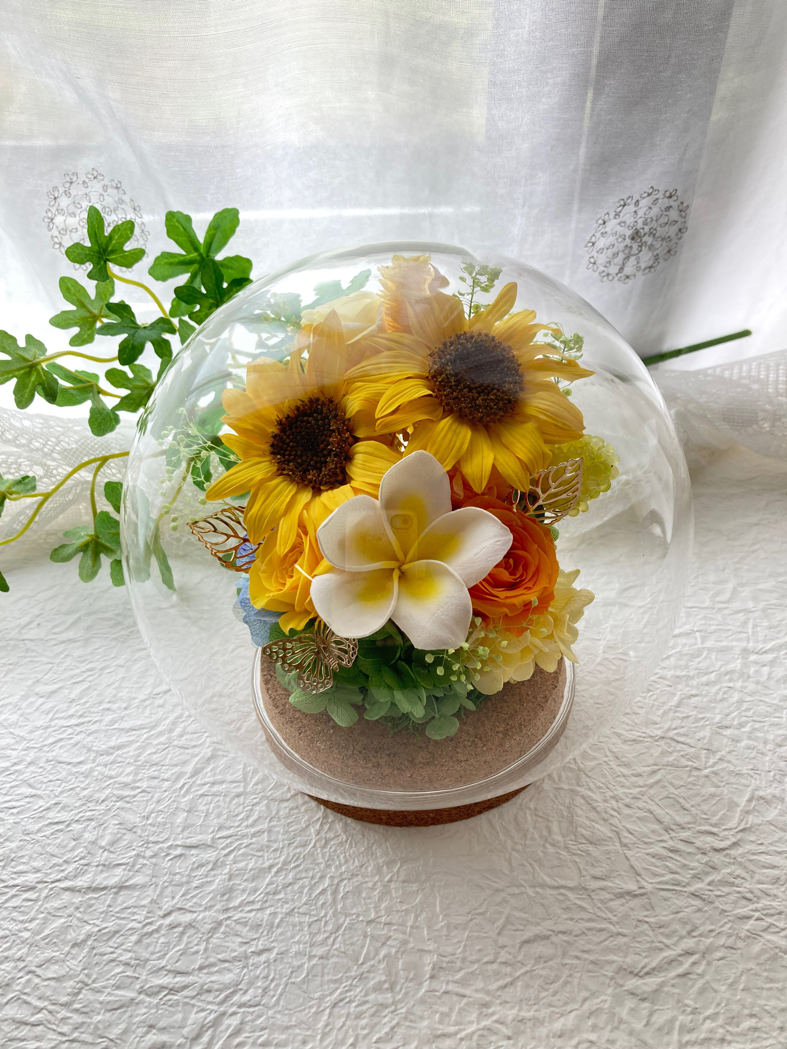 元気がでるプリザーブドフラワーイエロー向日葵にプルメリア ガラスドーム(大)アレンジ 母の日 結婚新築開店祝い 誕生日