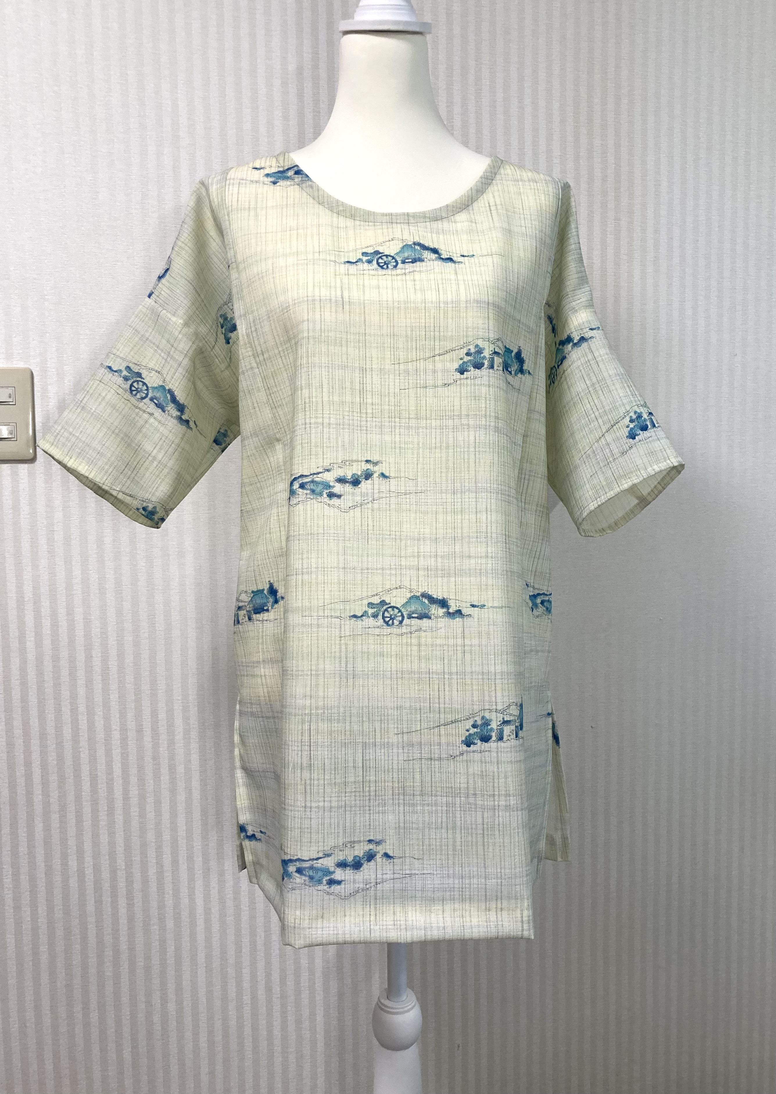 着物リメイク　サマーウール　6分袖チュニック　丈長め