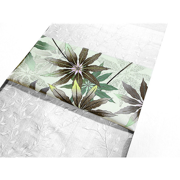 袋帯（アルボリコラ・観葉植物）（グレー色・薄緑色） 2枚目の画像