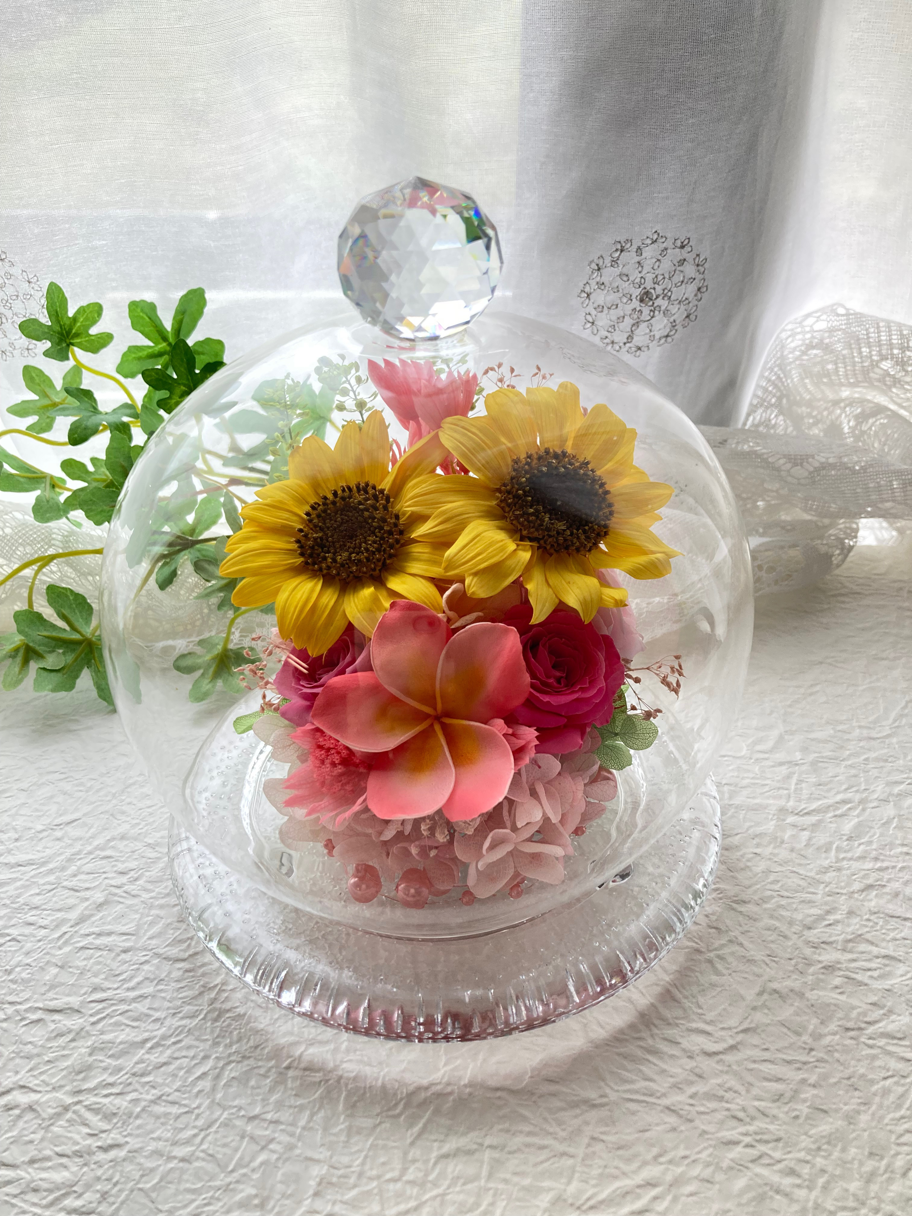 元気がでるプリザーブドフラワーイエロー向日葵にプルメリア ガラスドーム(大)アレンジ 夏ギフト インテリア 母の日ギフト