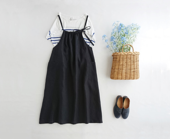 リネンエプロンワンピース Navy ワンピース Petal* 通販 17833897