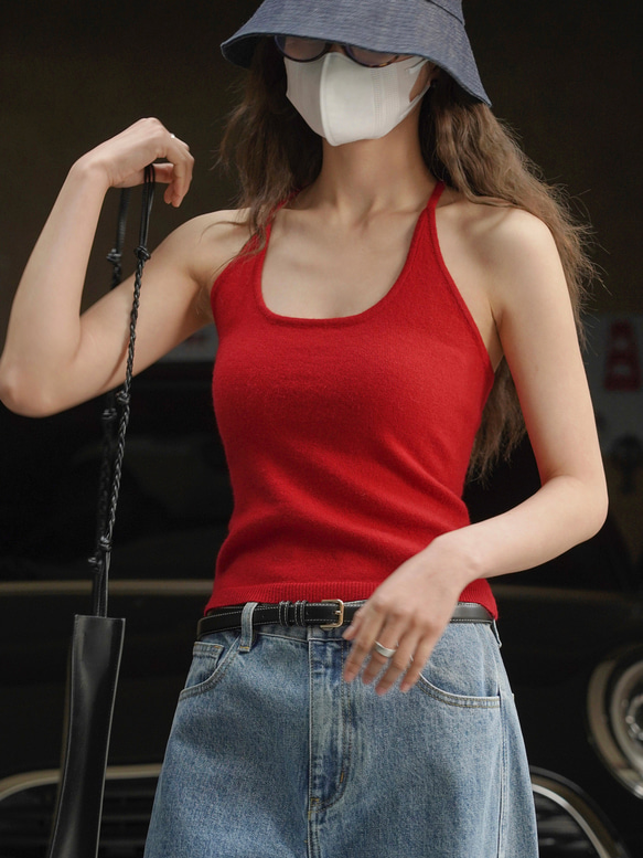 アメカジ セクシー 純色 ノースリーブ ニット タイトタンクトップ