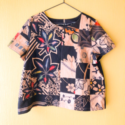 柿渋染め 浴衣地リメイク Aライン パッチワーク 半袖ブラウス ブラウス