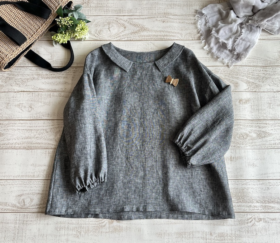 「受注制作」リネン　プチ衿ブラウス　ふんわり袖　カラーが選べる