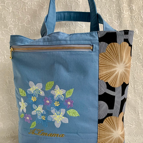 お花刺繍と北欧風花柄布のトートバッグ トートバッグ AZmama お花刺繍と北欧風花柄布のトートバッグ トートバッグ AZmama