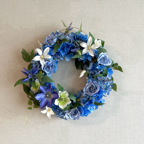 秋色紫陽花クレセントリース2024 ♡約21センチ 紫陽花とクレマチスのブルーリース フェイクグリーン リース y's plus