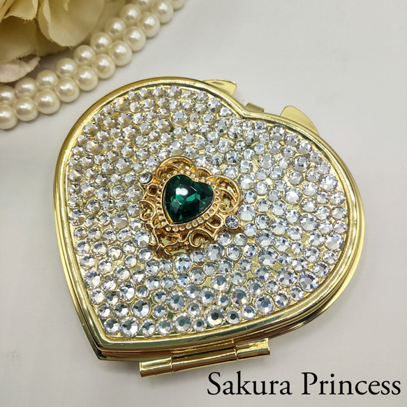 プリンセス☆ハートのコンパクトミラー☆グリーン 1枚目の画像