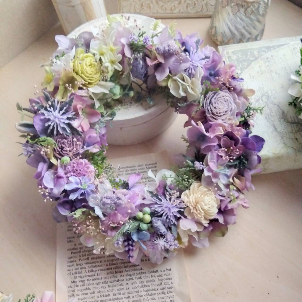 青い海色グラデーションアジサイのふわふわリース アーティフィシャル  