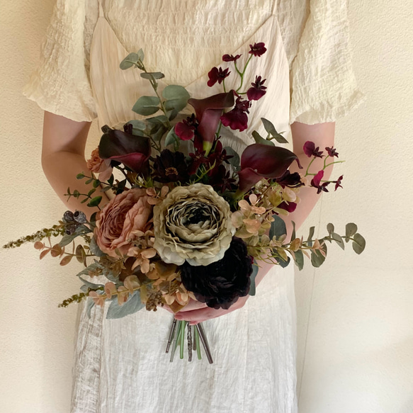 ボルドーカラー♡ブラウンのシックなウェディングブーケ