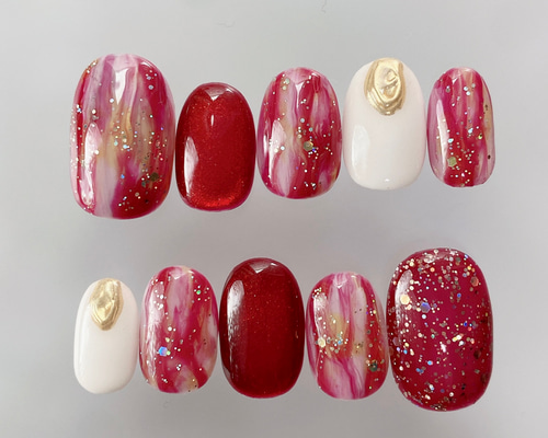 C23 ニュアンス レッド ホワイト ゴールドミラー マグネット ネイル