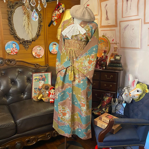 和洋折衷 着物 リメイク ワンピース ドレス 名古屋帯サッシュ